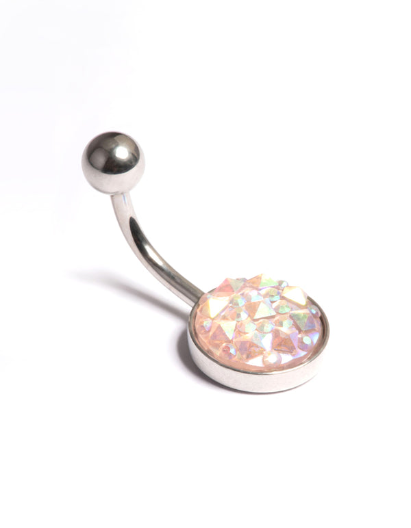 Surgical Steel Round Textured Crystal Belly Ring