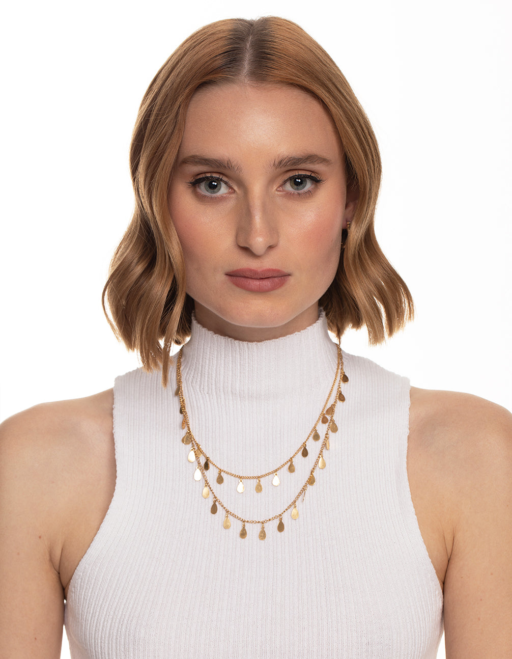 Worn Gold Multi Disc Drop 2 Layer Necklace