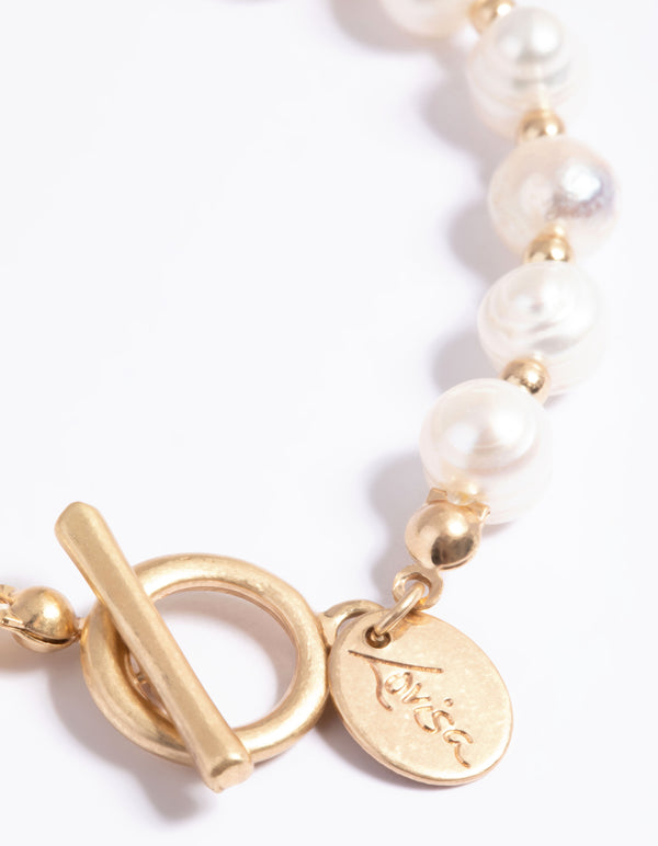 Worn Gold Freshwater Pearl & Bead Fob Bracelet