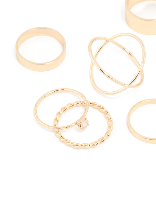 Gold Thick & Diamante Stack Ring 8-Pack