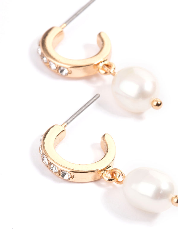 Gold Diamante & Freshwater Pearl Drop Huggie Earrings