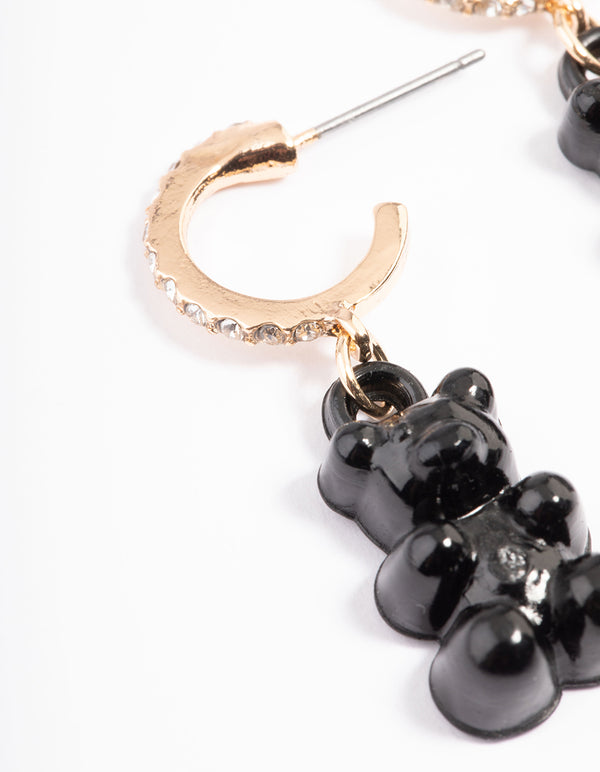 Gold Diamante Black Lolly Bear Earrings