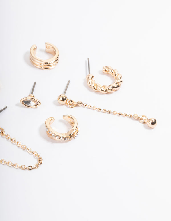 Gold Cuff & Drop Mixed Earring Pack