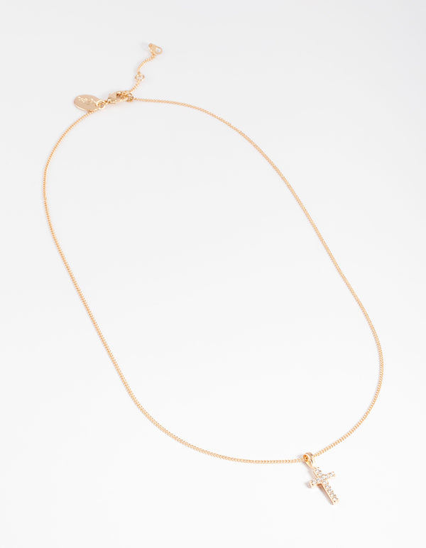 Diamond Simulants Gold Tiny Cross Necklace
