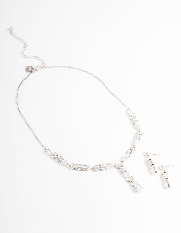 Diamond Simulants Silver Statement Drop Earrings & Necklace Set