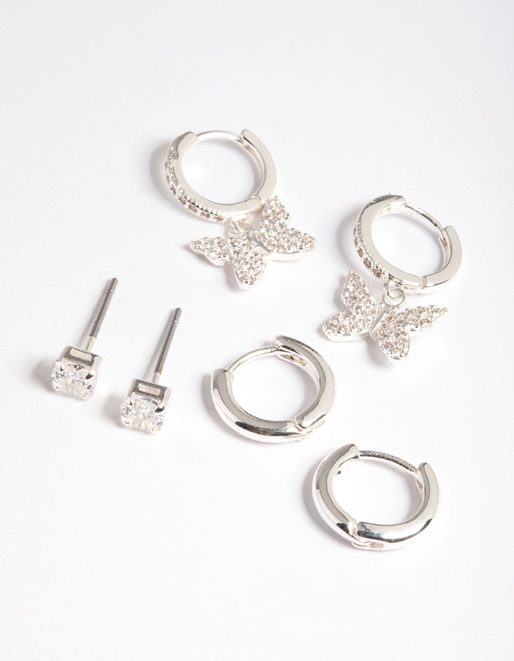 Silver Plated Brass Cubic Zirconia Pave Butterfly Earring 6-Pack
