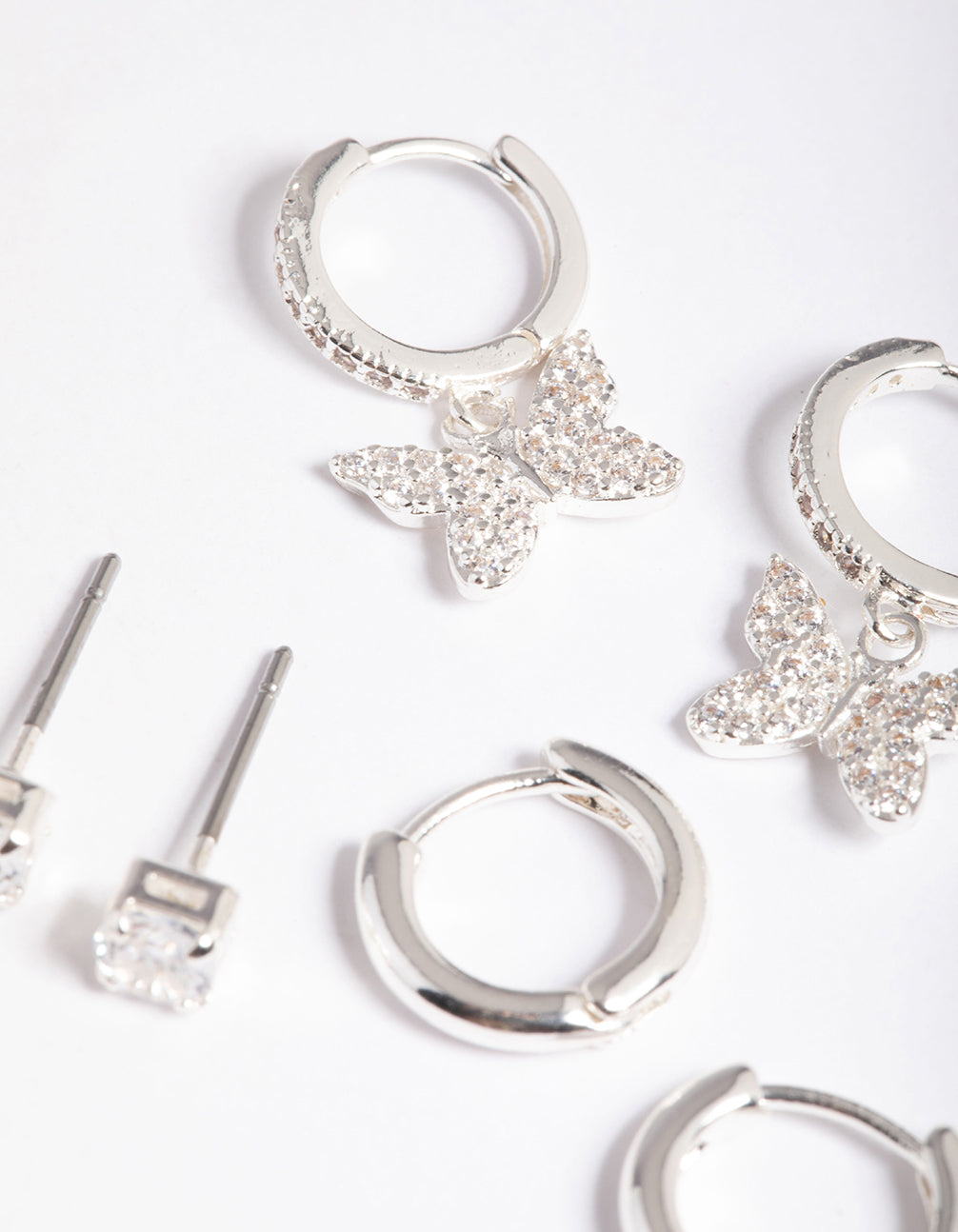 Silver Plated Brass Cubic Zirconia Pave Butterfly Earring 6-Pack