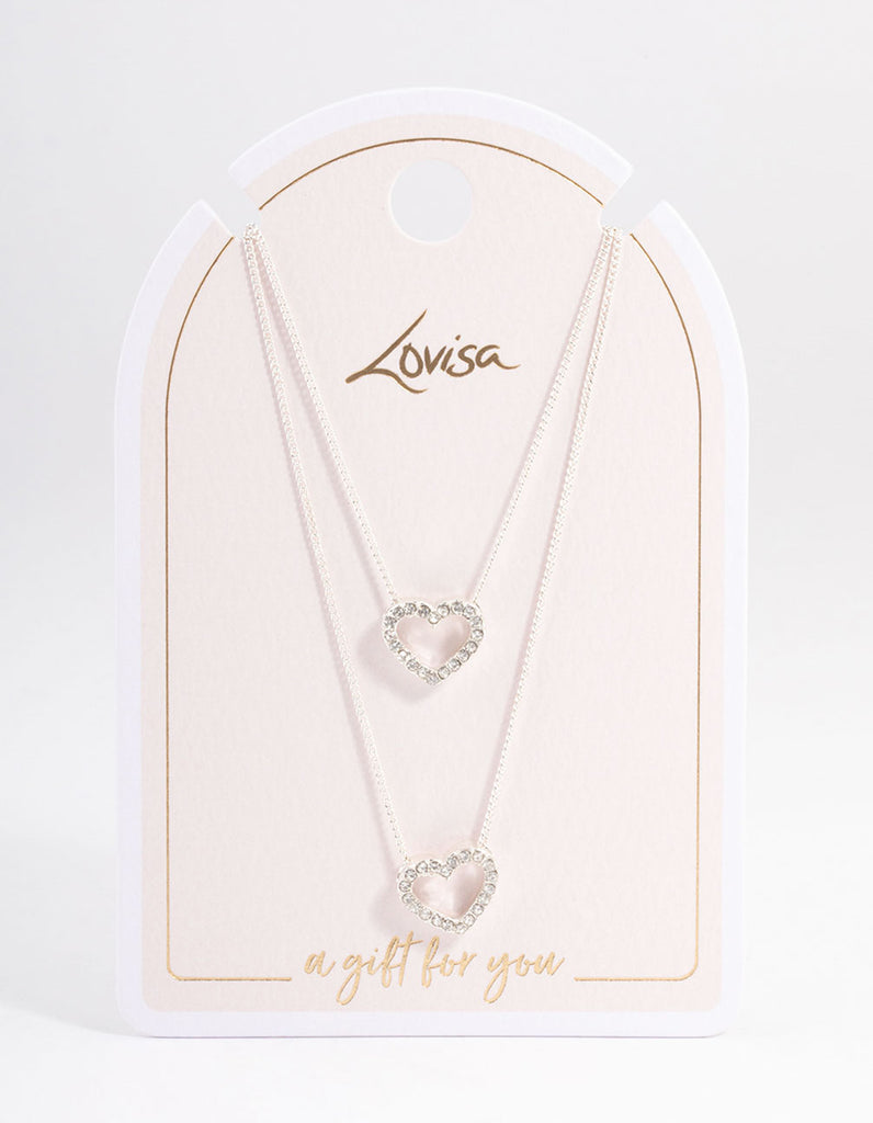Silver Double Diamante Open Heart Necklace Lovisa