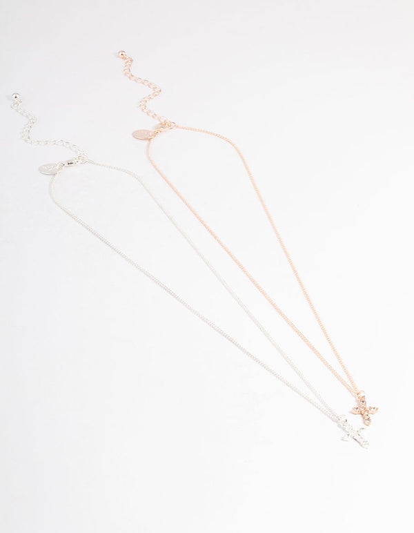 Mixed Metal Classic Diamante Cross Necklace Pack