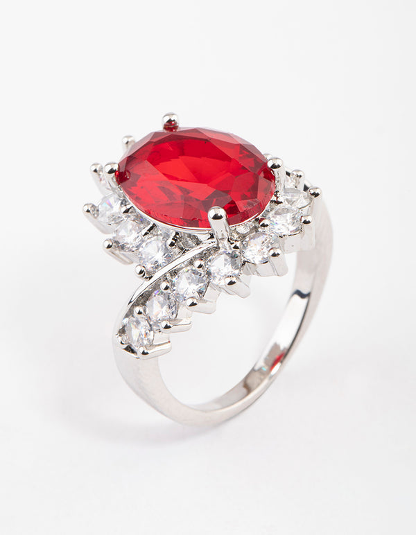Silver Cubic Zirconia Vintage Red Oval Ring