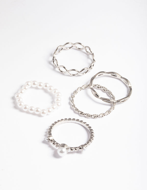 Silver Pearl & Twist Ring 5-Pack