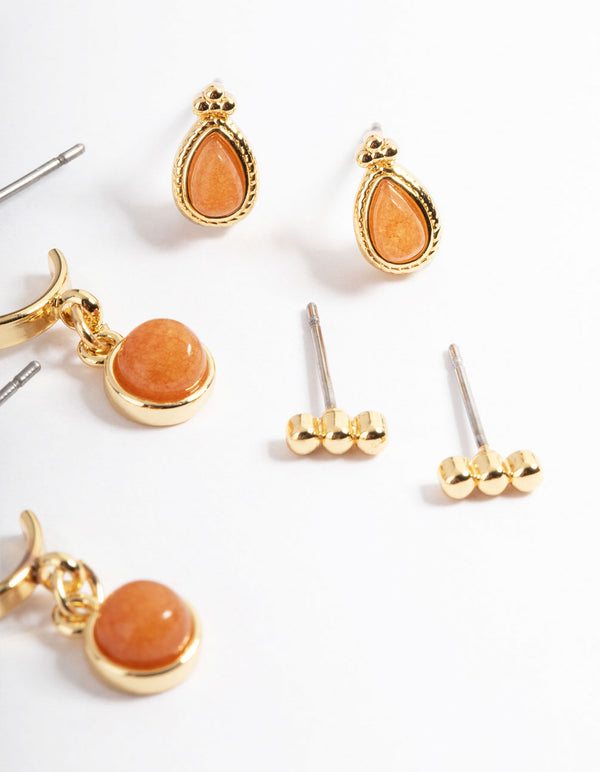 Gold Plated Orange Round Ball Stack Earrings