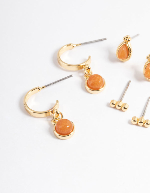 Gold Plated Orange Round Ball Stack Earrings
