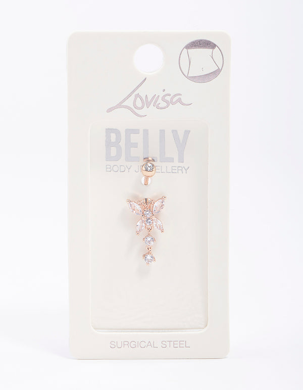 Rose Gold Plated Surgical Steel Butterfly Crystal Belly Ring
