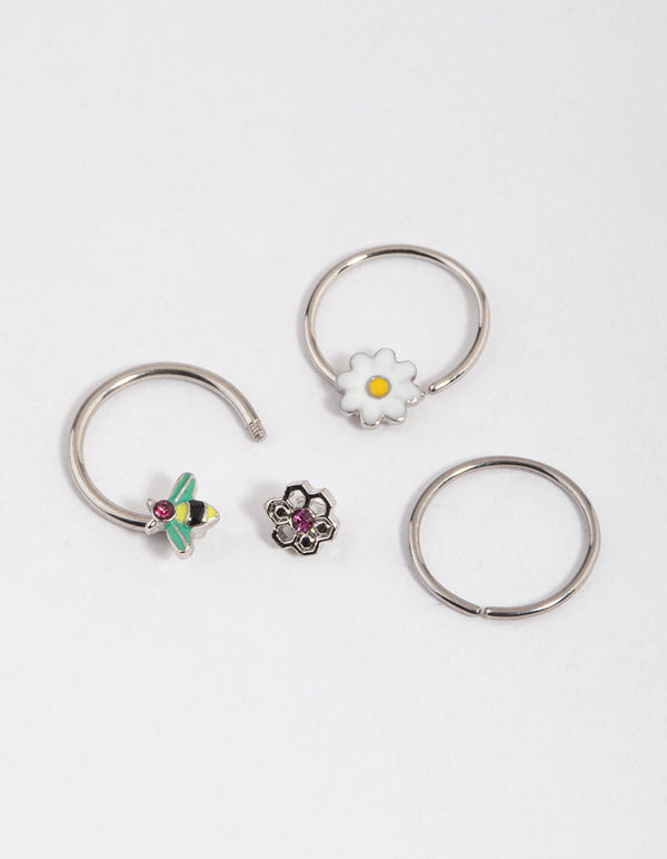 Surgical Steel Flower & Bee Horseshoe Earring Pack