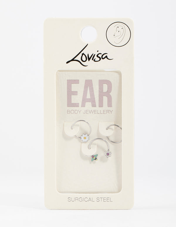 Surgical Steel Flower & Bee Horseshoe Earring Pack