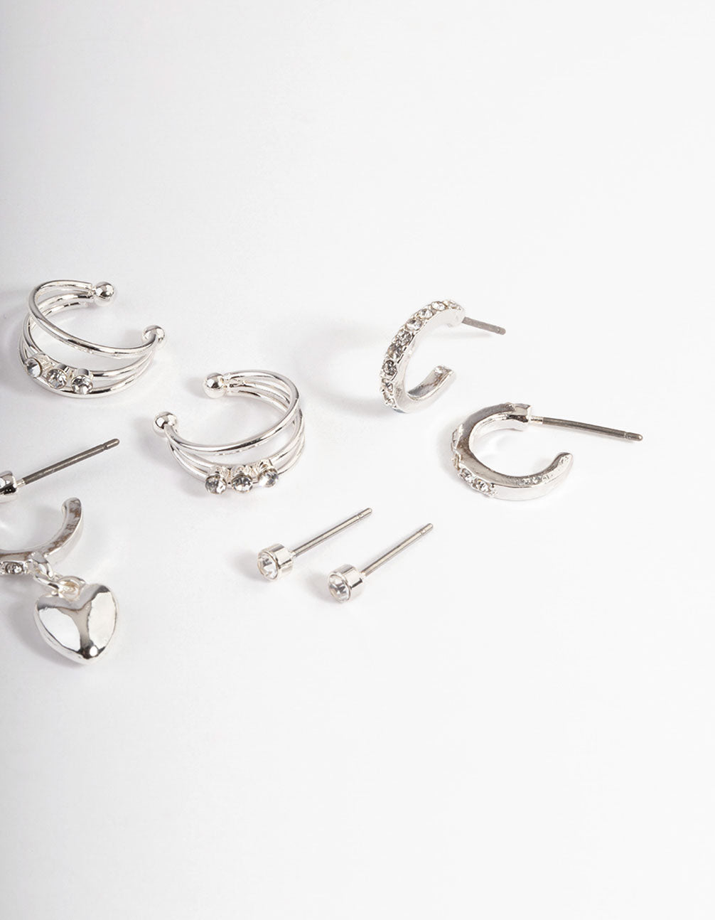 Silver Crystal Puffed Heart Earrings 4-Pack