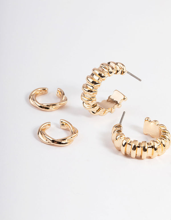Gold Stretch Texture Hoop Earrings 4-Pack