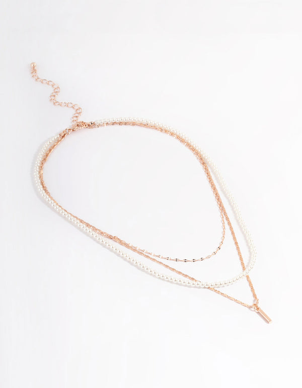 Rose Gold Pearly Mixed Triple Row Chain Necklace