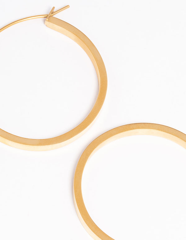 Displaying waterproof medium flat hoop earrings with gold plated stainless steel and hoop closure mechanism post detail view