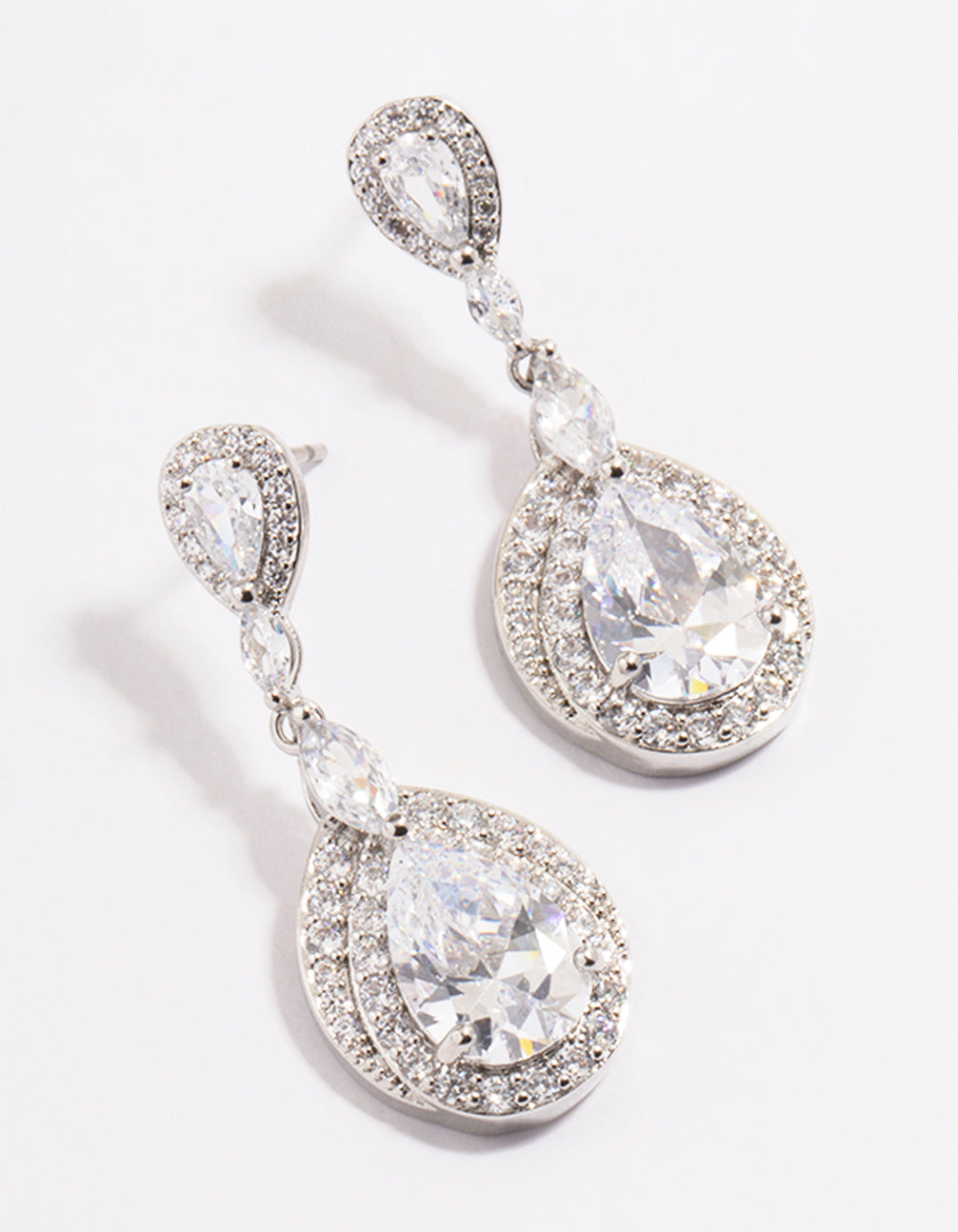 Silver Diamond Simulant Detail Pear Drop Earrings
