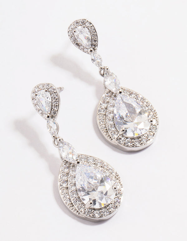 Silver Diamond Simulant Detail Pear Drop Earrings
