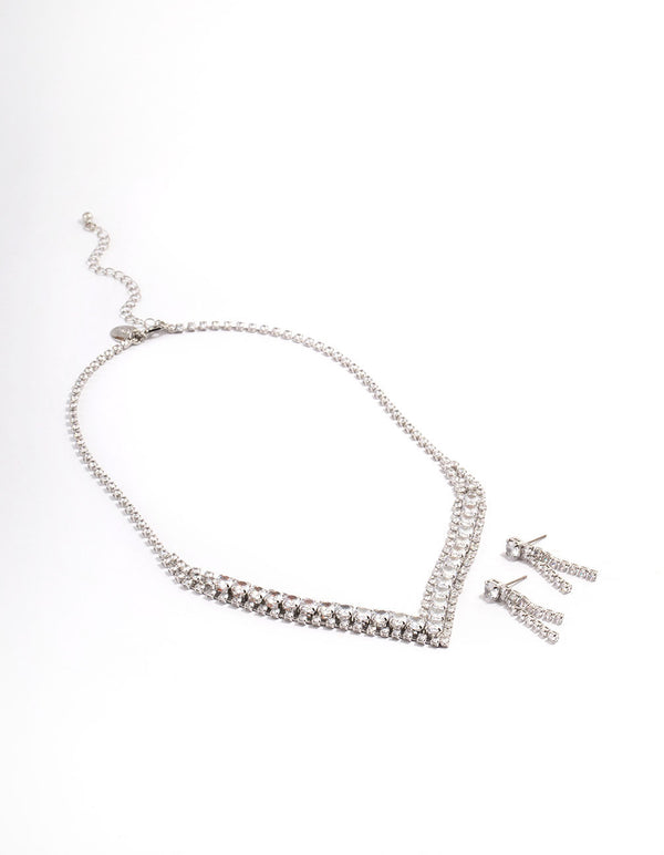 Diamond Simulant Silver Drop Earring & Necklace Set