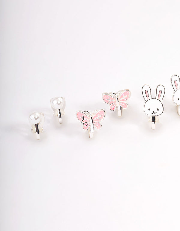 Kids Bunny Flower Clip On Earrings 6-Pack