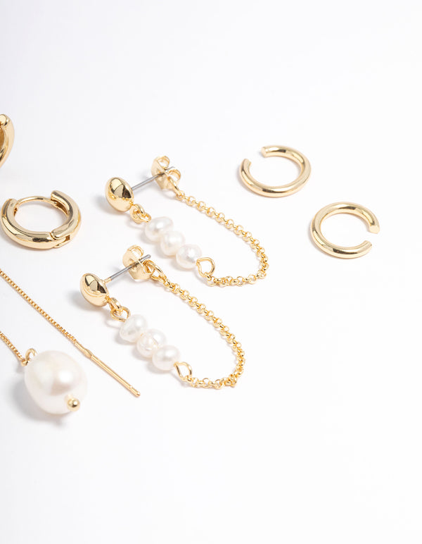 Gold Plated Freshwater Pearl Threader Huggie Earrings 4-Pack