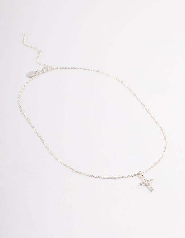 Silver Plated Cubic Zirconia Cross Fine Chain Necklace