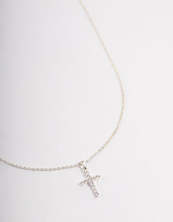 Silver Plated Cubic Zirconia Cross Fine Chain Necklace