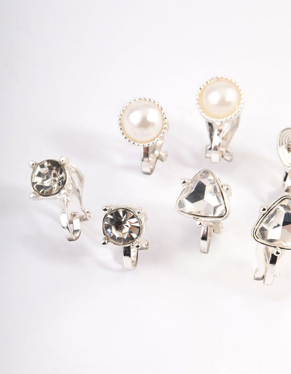 Silver Heart & Flower Clip On Earrings 5-Pack