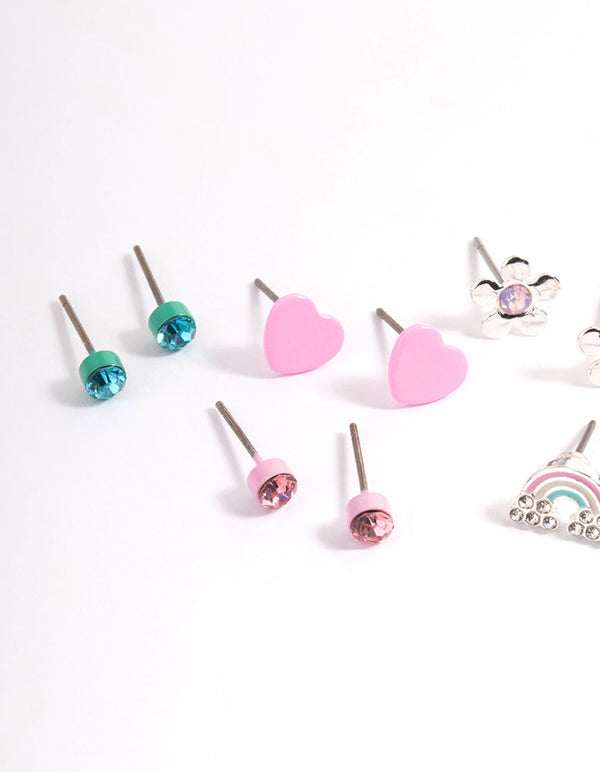 Kids Pink Heart Diamante Stud Earrings 6-Pack