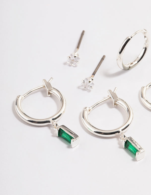 Silver Plated Brass Cubic Zirconia Emerald Cut Huggie Earrings 6-Pack