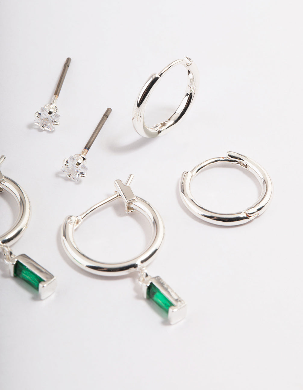 Silver Plated Brass Cubic Zirconia Emerald Cut Huggie Earrings 6-Pack