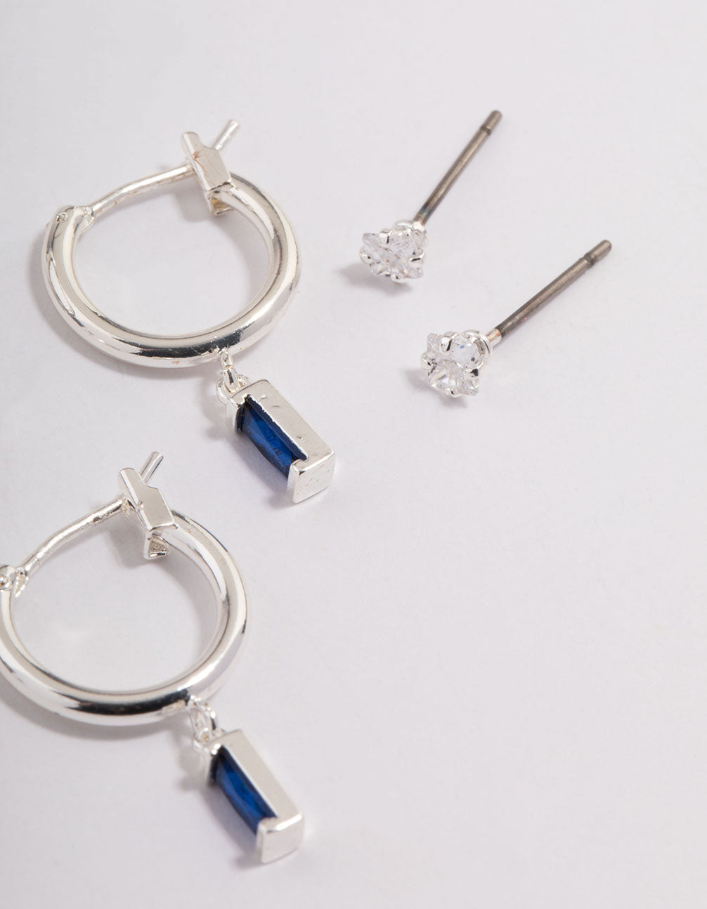 Silver Plated Brass Cubic Zirconia Sapphire Cut Huggie Earrings 6-Pack