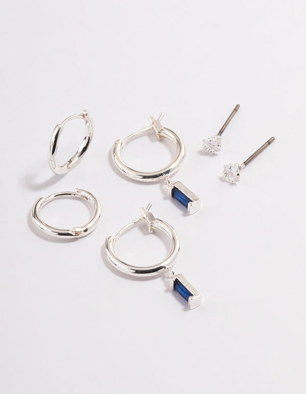 Silver Plated Brass Cubic Zirconia Sapphire Cut Huggie Earrings 6-Pack
