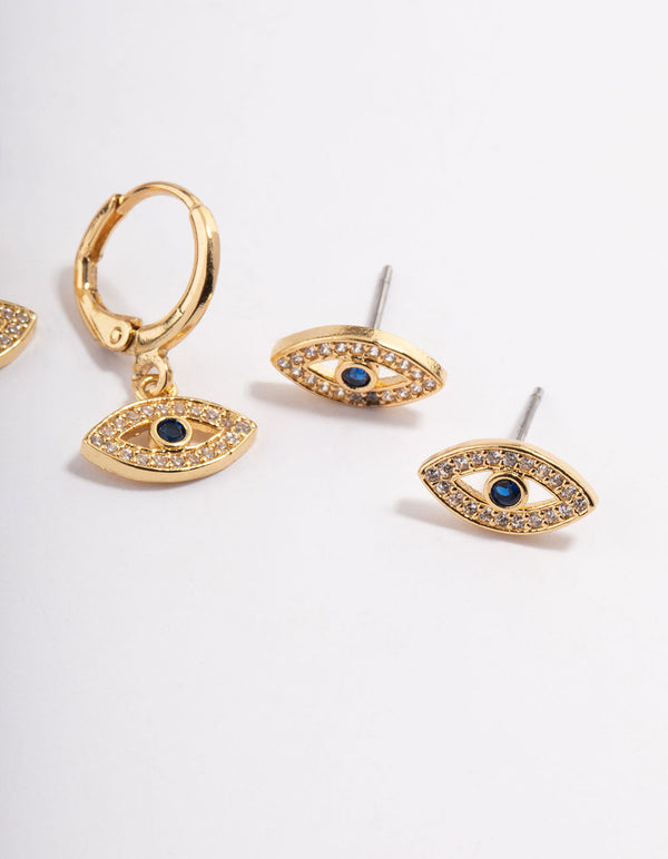 Gold Plated Brass Double Evil Eye Earrings Pack