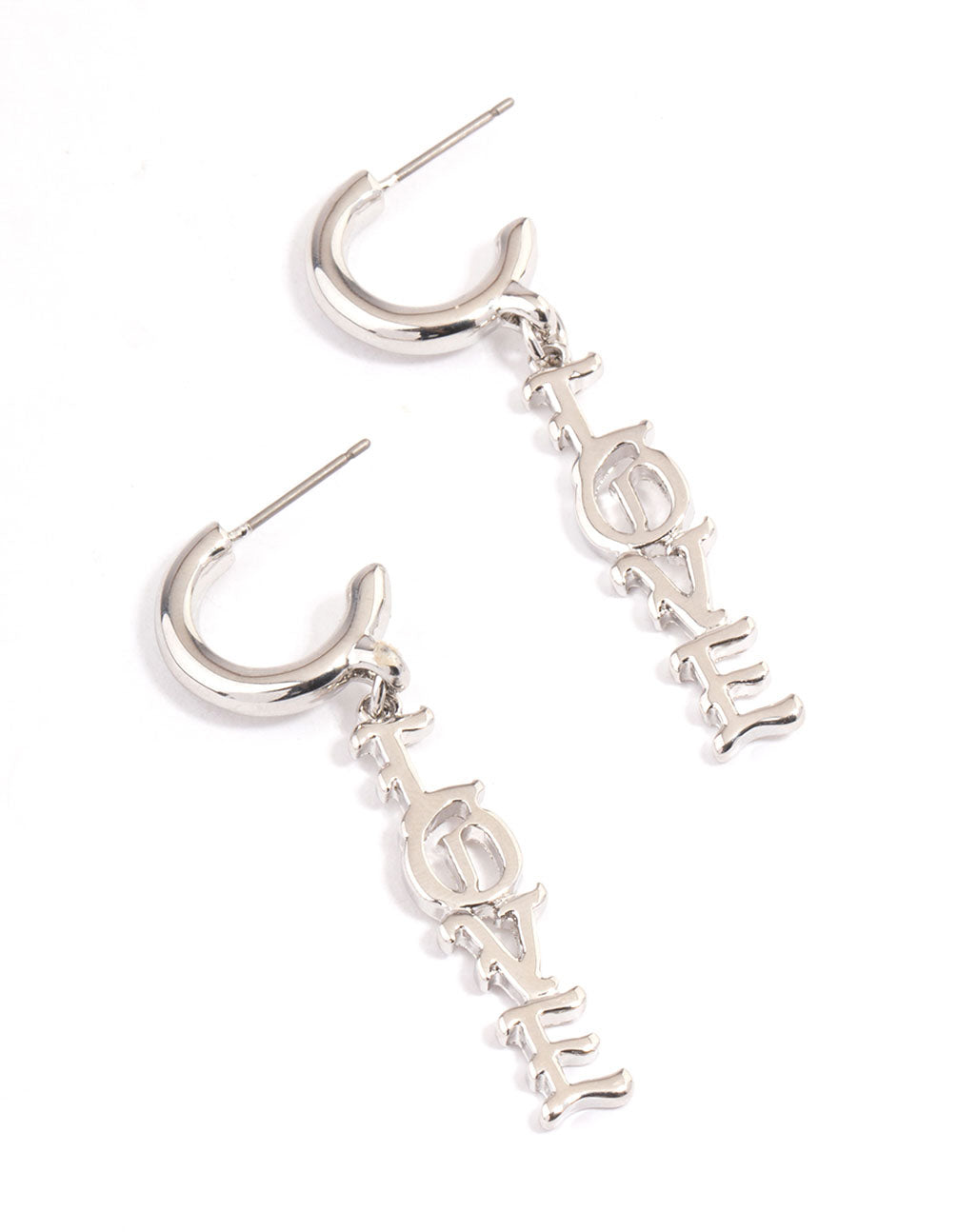 Rhodium Love Text Earrings