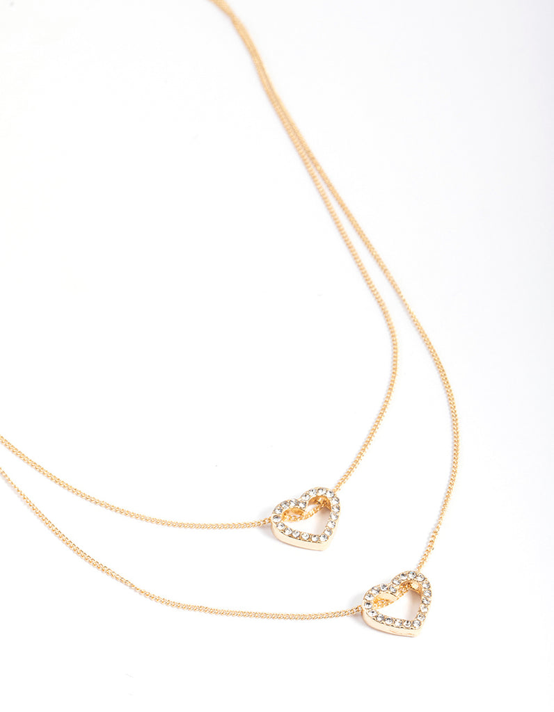 Gold Double Diamante Open Heart Necklace - Lovisa