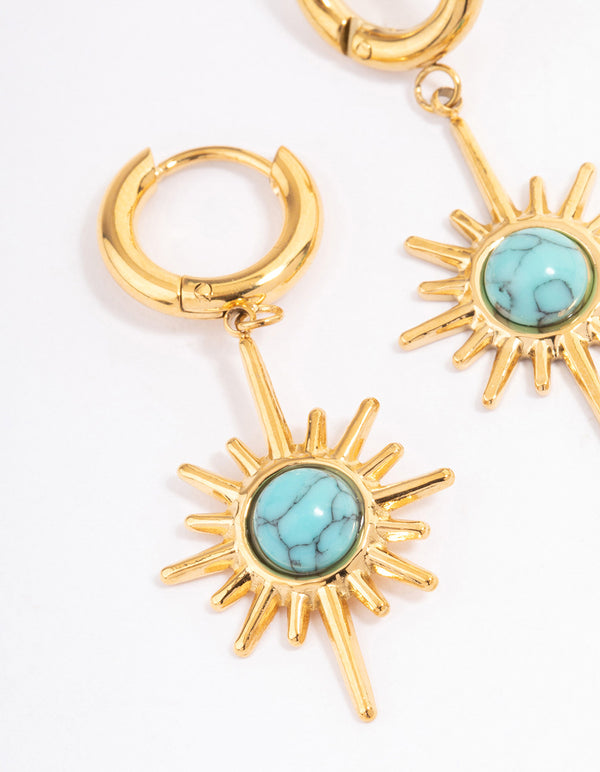 Waterproof Gold Plated Stainless Steel Semi Precious Turquoise Sunshine Huggie Hoops