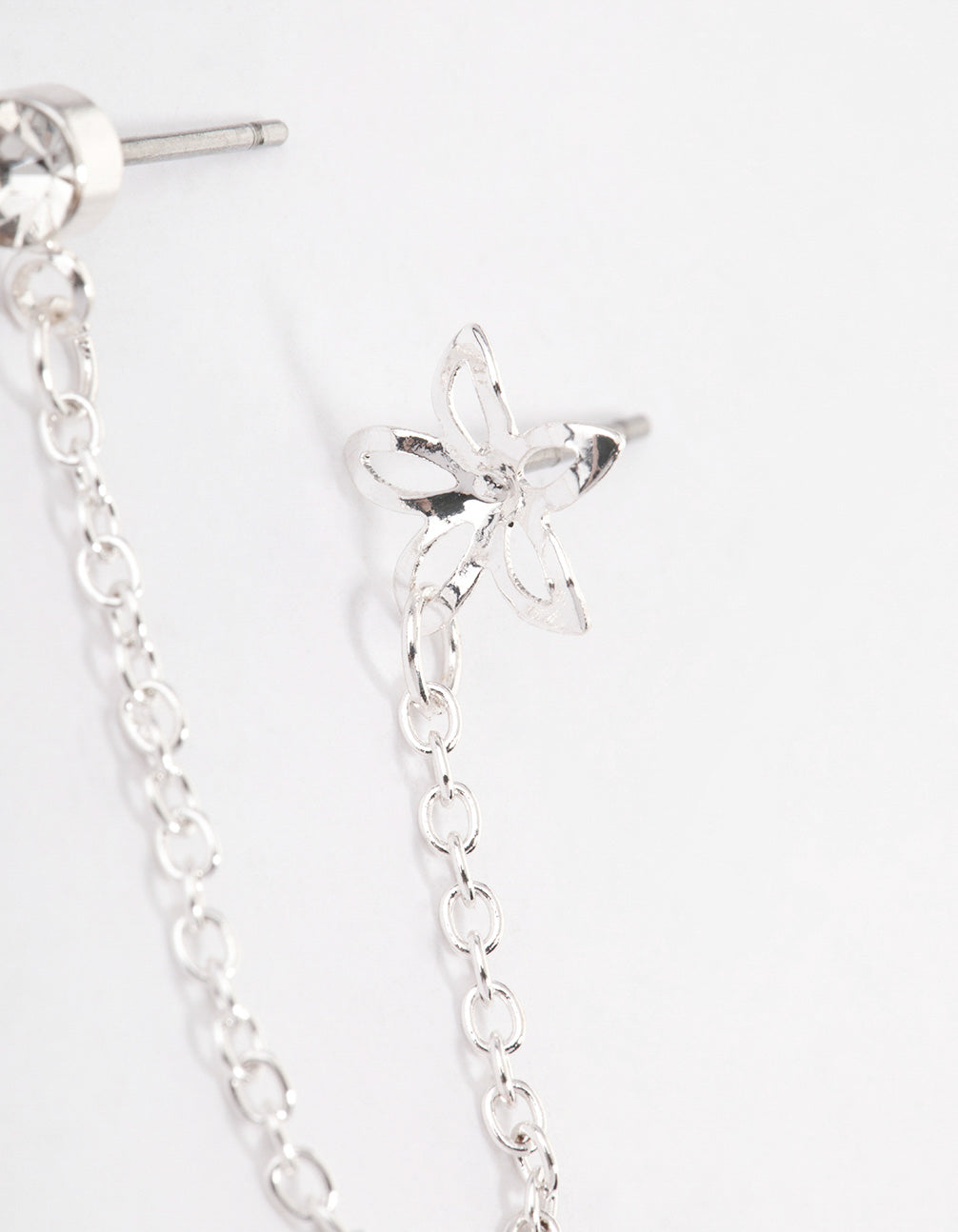 Silver Diamante & Flower Chain Earrings