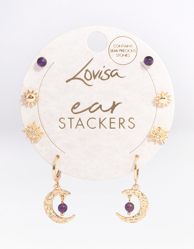 Gold Amethyst Mixed Star Moon Stacker Earrings
