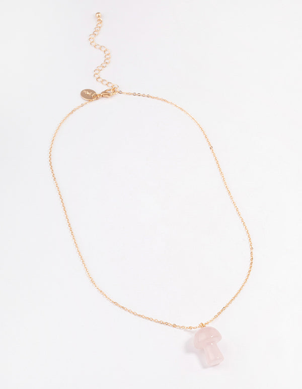 Gold Rose Quartz Moon & Mushroom Pendant Necklace