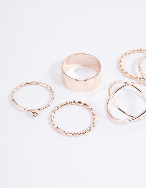 Rose Gold Thick & Diamante Ring 8-Pack
