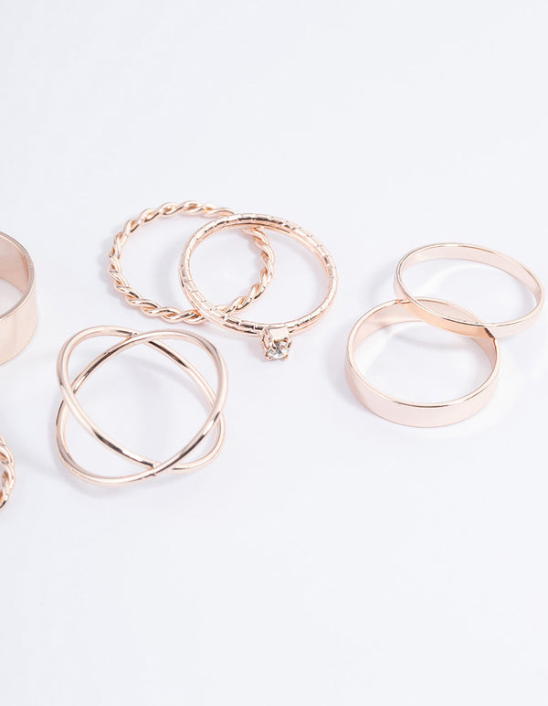 Rose Gold Thick & Diamante Ring 8-Pack