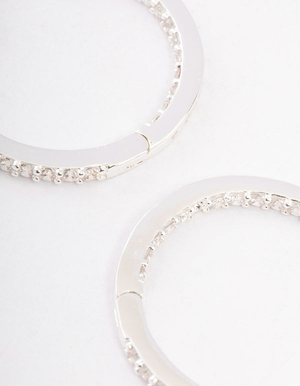 Silver Plated Brass Cubic Zirconia Pave Huggie Hoop Earrings