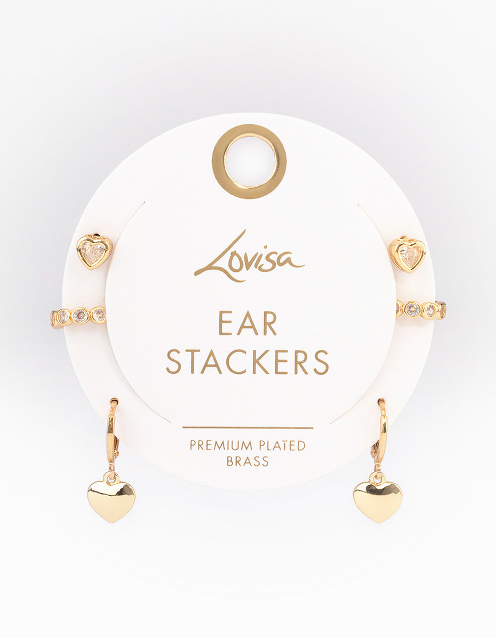 Gold Plated Brass Cubic Zirconia Heart Huggie & Cuff Earrings Pack