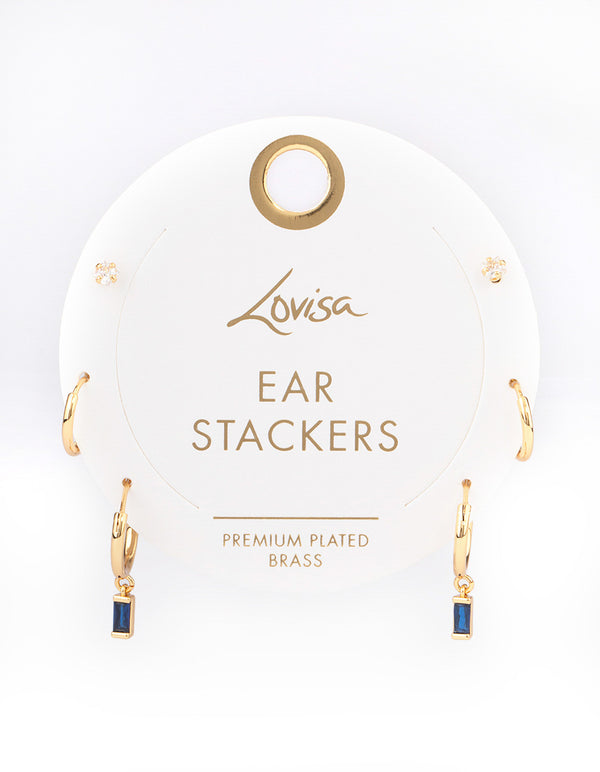 Gold Plated Brass Cubic Zirconia Emerald Cut Huggie Earrings Pack