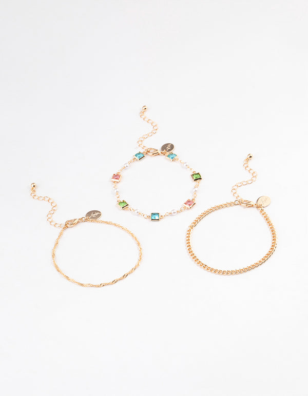 Gold Square Crystal Anklet Pack